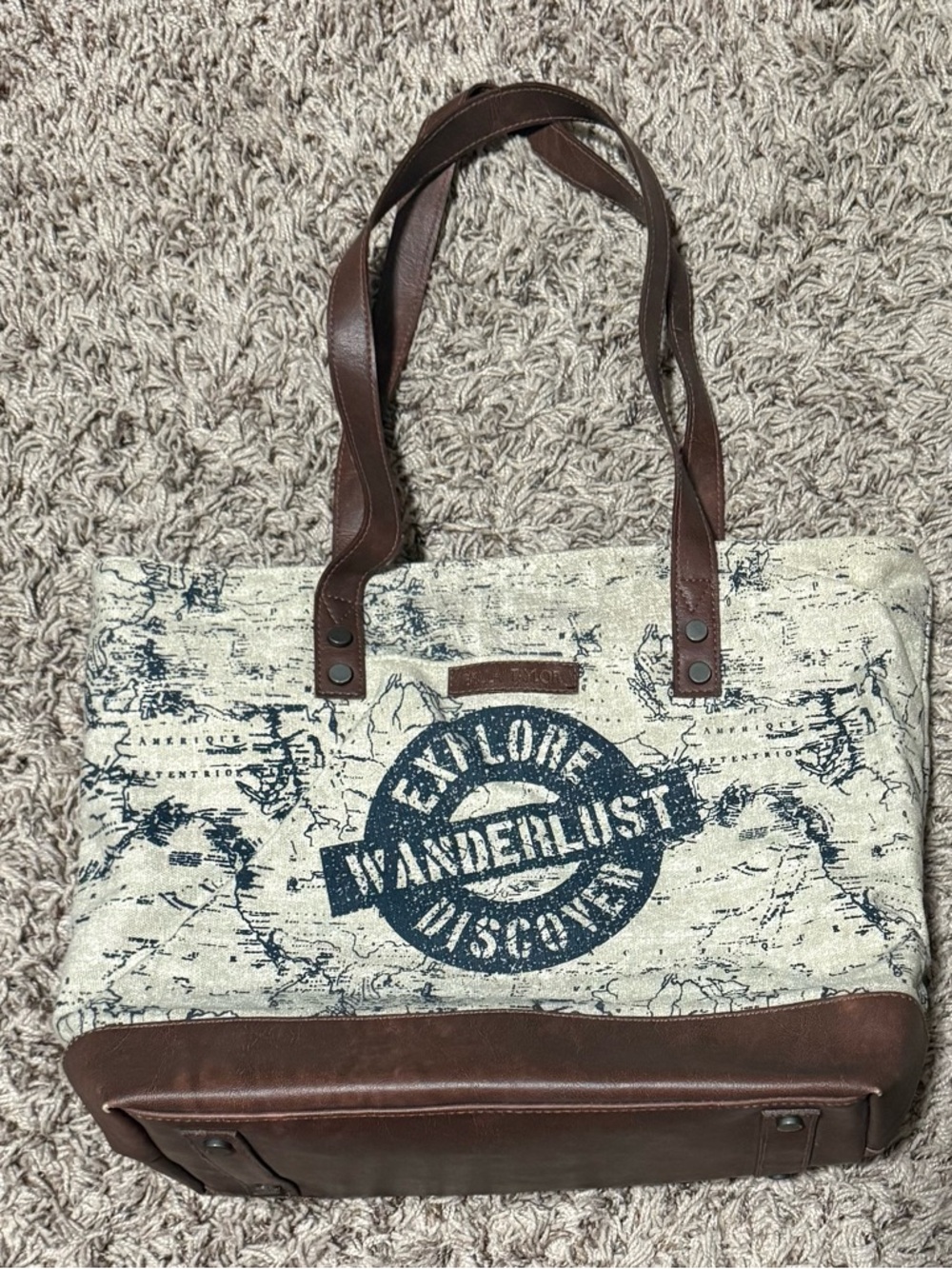 Bella Taylor Map Wanderlust Explorer Canvas Tote Bag in Brown and Cream